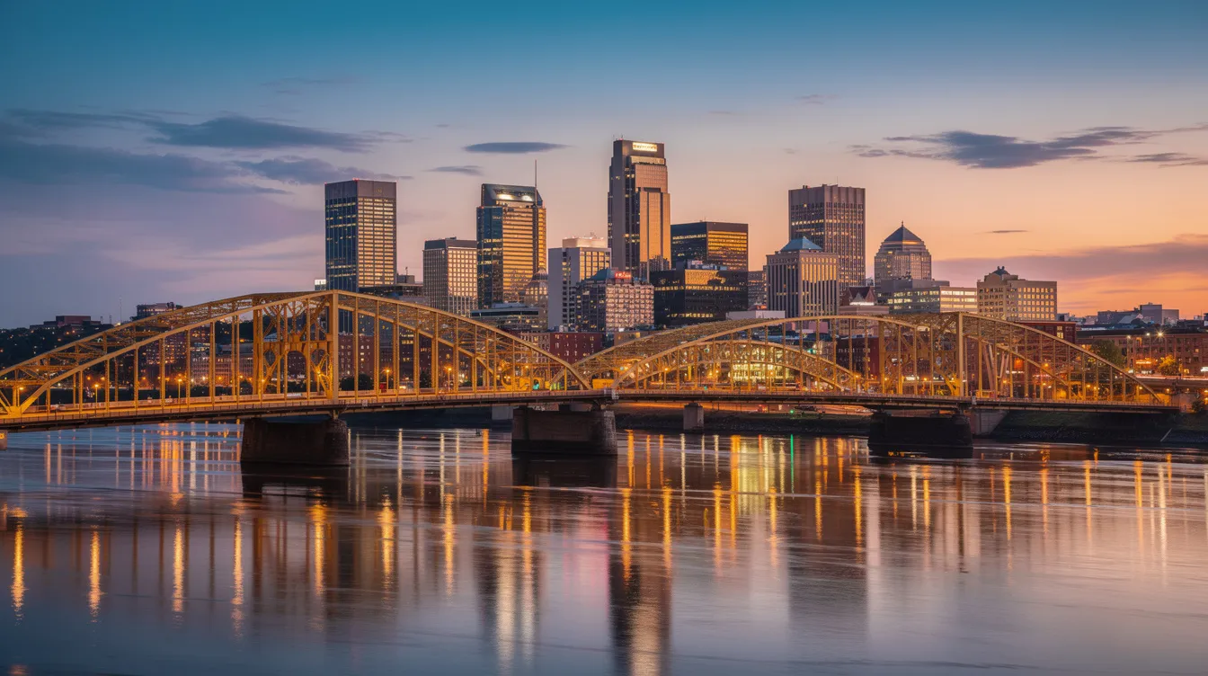 The image depicts the Pittsburgh skyline at dusk, showcasing the city's iconic bridges spanning over the river, with a warm glow illuminating the buildings. This picturesque scene highlights the potential for real estate investment opportunities in Pennsylvania, particularly for those exploring dscr loans and rental properties.