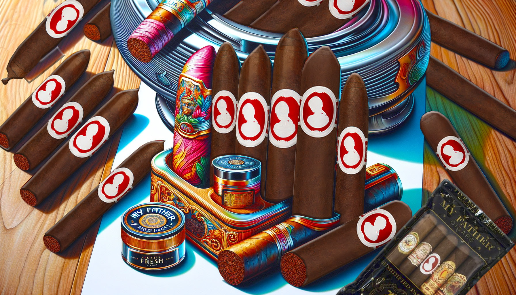 An illustration depicting various La Dueña cigars and a My Father Fresh Pack.