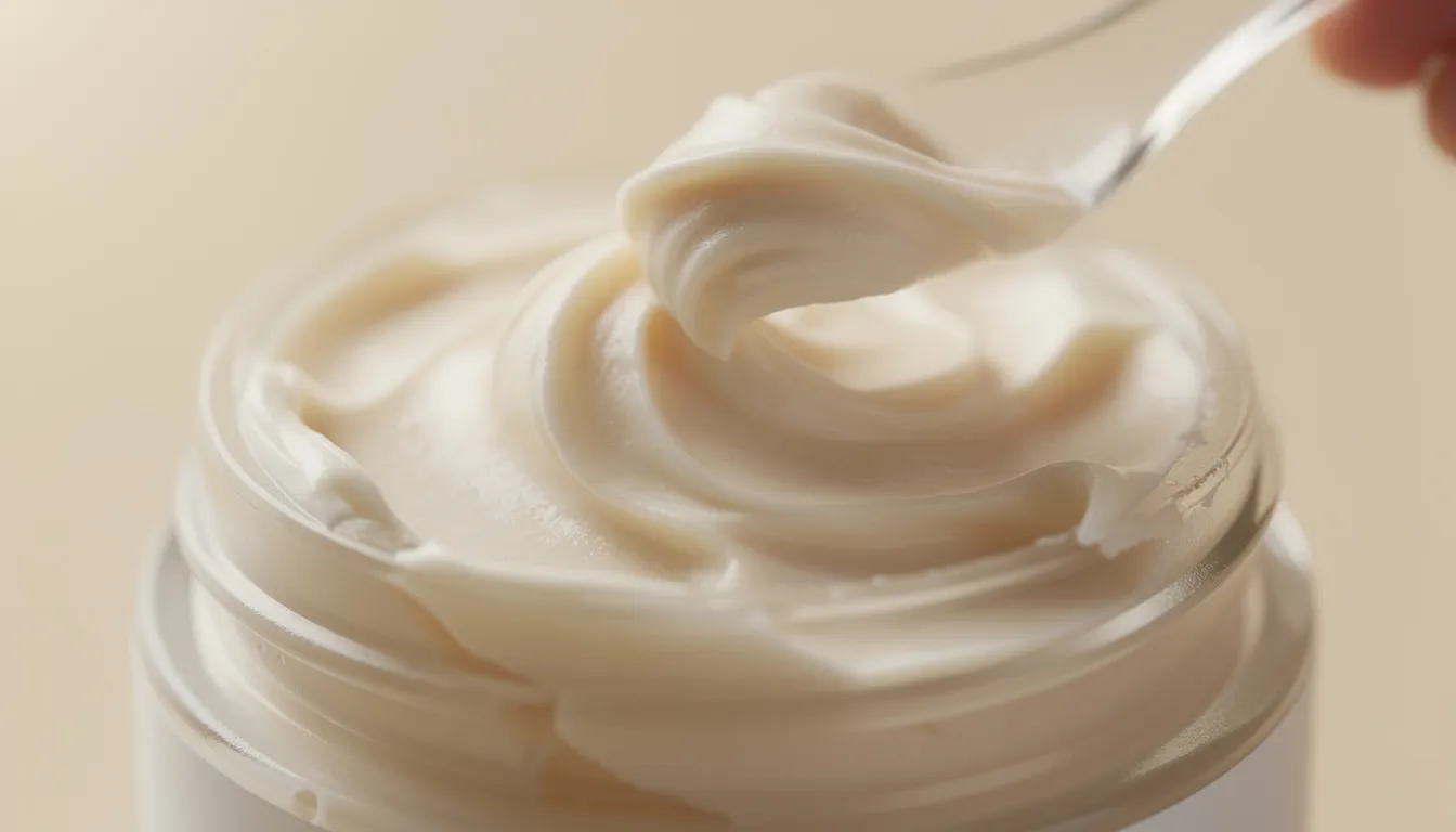 The image shows a close-up of creamy whipped tallow balm being scooped from a glass jar, highlighting its smooth texture and nourishing qualities ideal for sensitive skin. This tallow skincare product is designed to provide hydration and healing benefits, making it suitable for the whole family, especially for those dealing with dryness or skin irritations.