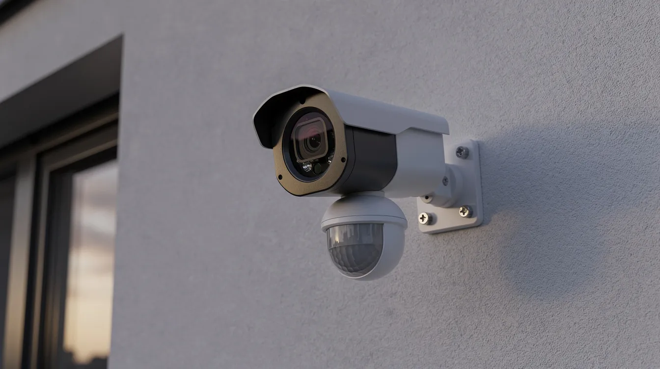 Das Bild zeigt eine Außenkamera und einen Bewegungsmelder, die an einer Hauswand montiert sind, um die Sicherheit des Gebäudes zu erhöhen. Diese Sicherheitsmaßnahmen dienen dem Einbruchschutz und helfen, Einbruchsversuche zu verhindern, insbesondere in der Urlaubszeit oder bei Abwesenheit der Bewohner.