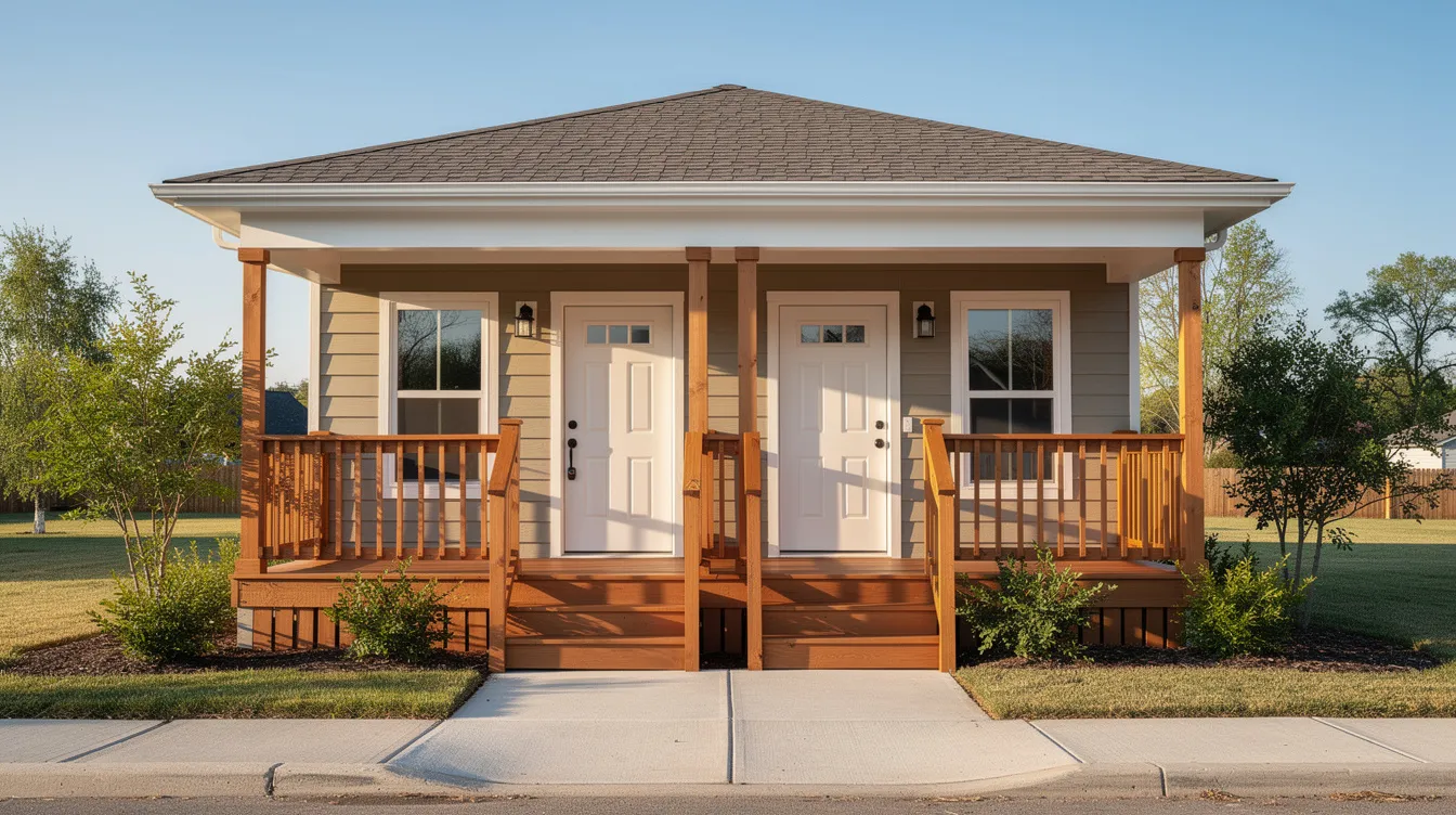 The image shows the exterior of a small duplex building featuring a freshly painted front porch, suggesting a welcoming atmosphere for potential home equity line opportunities. This charming property could be an ideal candidate for home improvements or a financial safety net through a home equity loan.