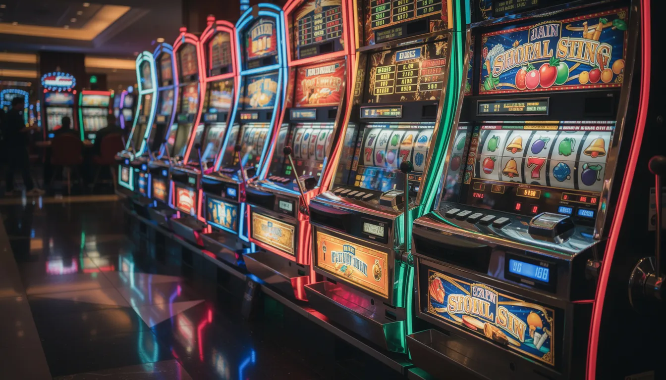 En rad av färgglada spelautomater med blinkande ljus står i ett livligt casino, vilket skapar en spännande atmosfär för spelare. Här kan nya spelare hos Gogo Casino njuta av en mängd olika slots och ta del av välkomstbonusen med upp till 3000 kr och 150 gratisspins.