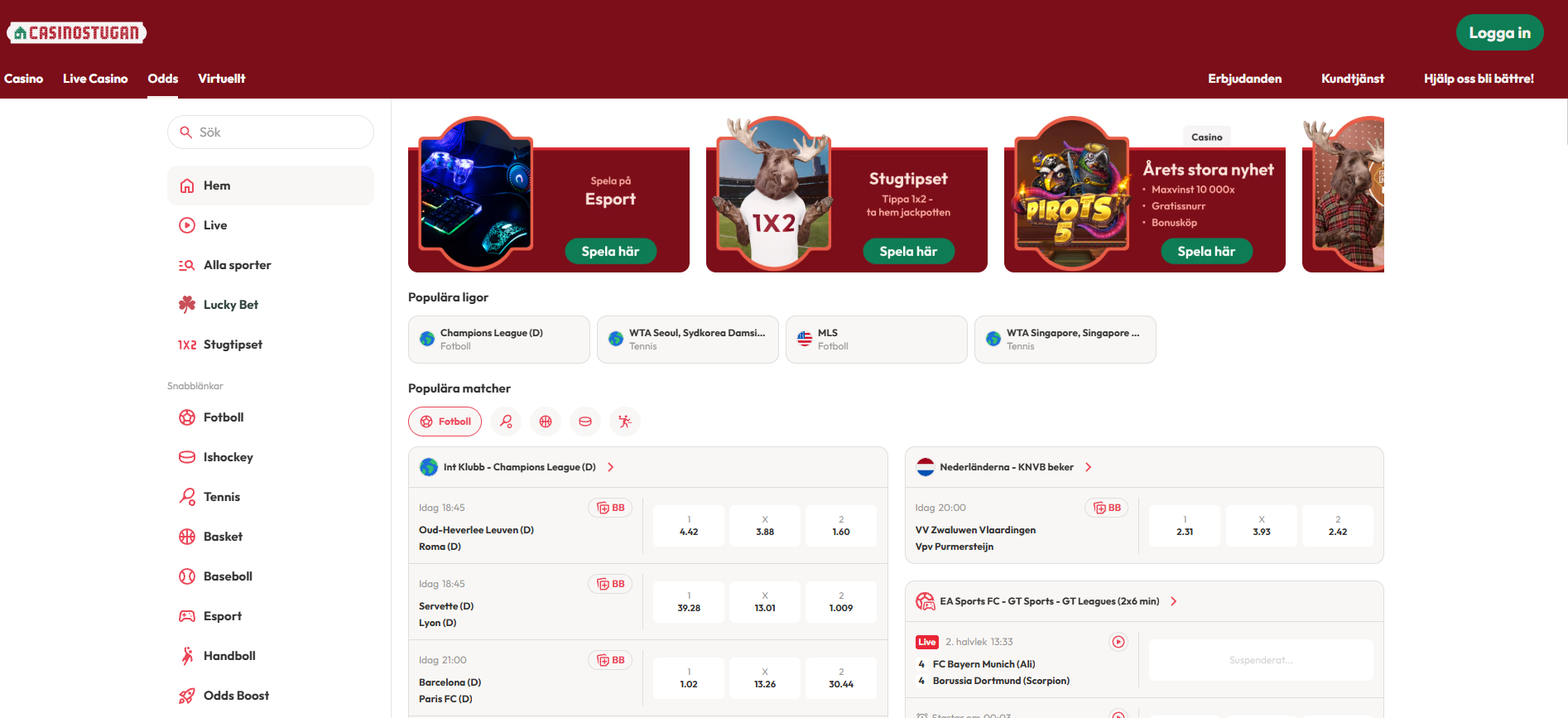 Casinostugans bettingsida med populära sporter, ligor, matcher och aktuella odds.