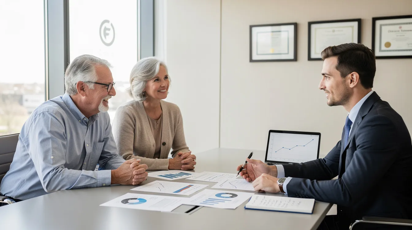 The image depicts an older couple engaged in a discussion with a financial advisor in a professional office environment, focusing on their retirement accounts and strategies for required minimum distributions (RMD) as they approach retirement age. The advisor is likely providing guidance on tax-deferred retirement accounts and the implications of federal income tax on their retirement savings.