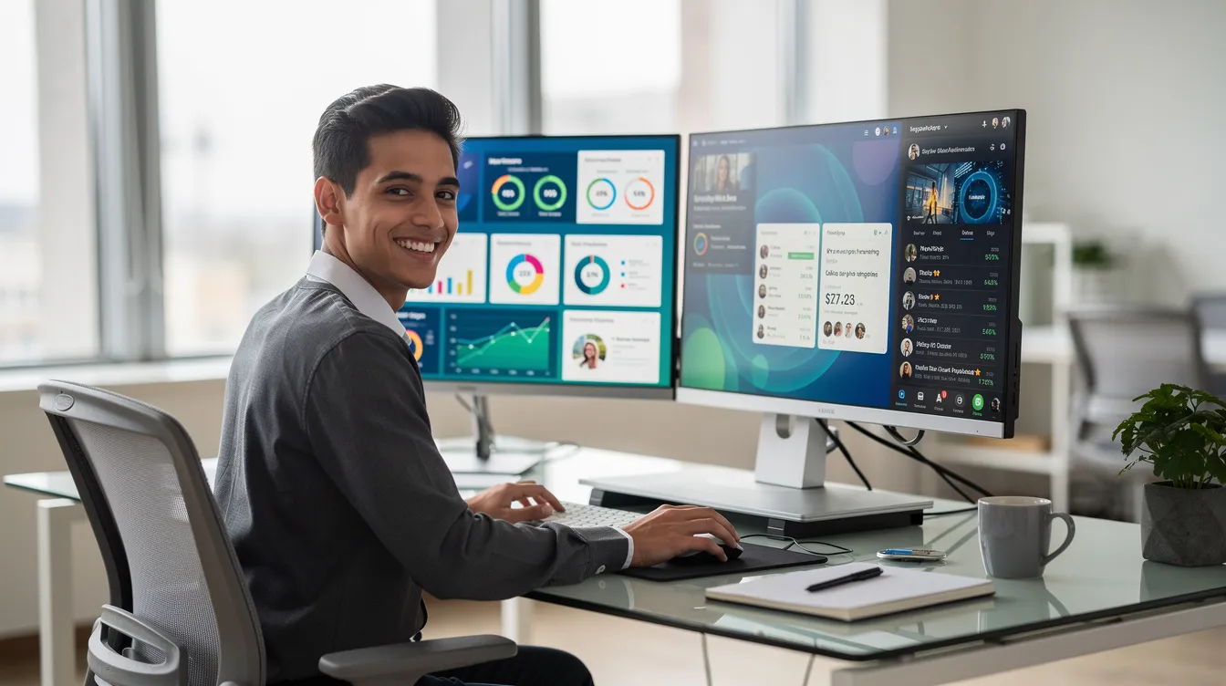 A young professional is smiling while working at a modern desk equipped with dual monitors displaying analytics dashboards and social media feeds, showcasing insights from digital marketing campaigns and strategies. The scene highlights the importance of effective digital marketing tools and analytics in optimizing social media marketing efforts.