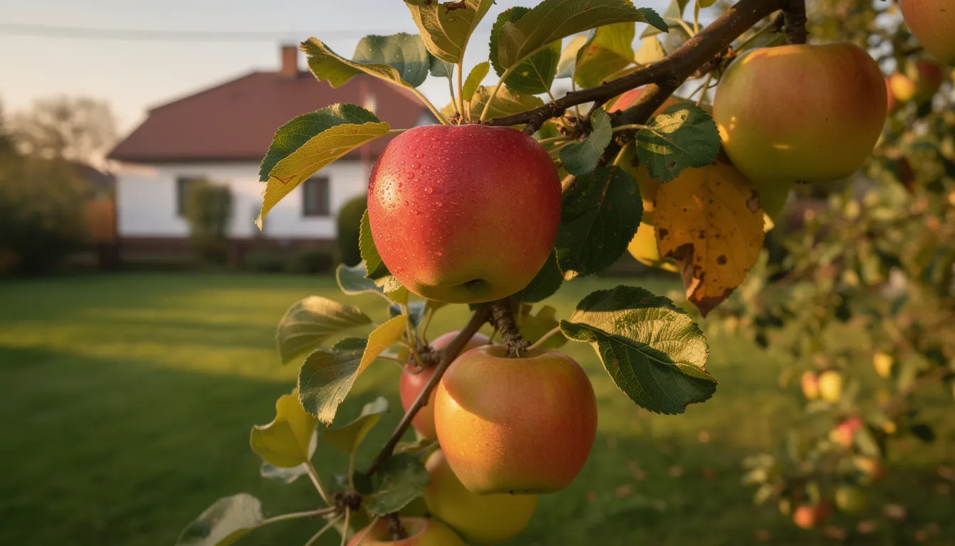 Na gałęziach jabłoni w słonecznym, przydomowym ogrodzie rosną dojrzałe jabłka, które obficie zdobią drzewka owocowe. W tle widać piękne kwitnienie innych roślin, co tworzy malowniczy widok typowy dla polskich sadów ekologicznych.