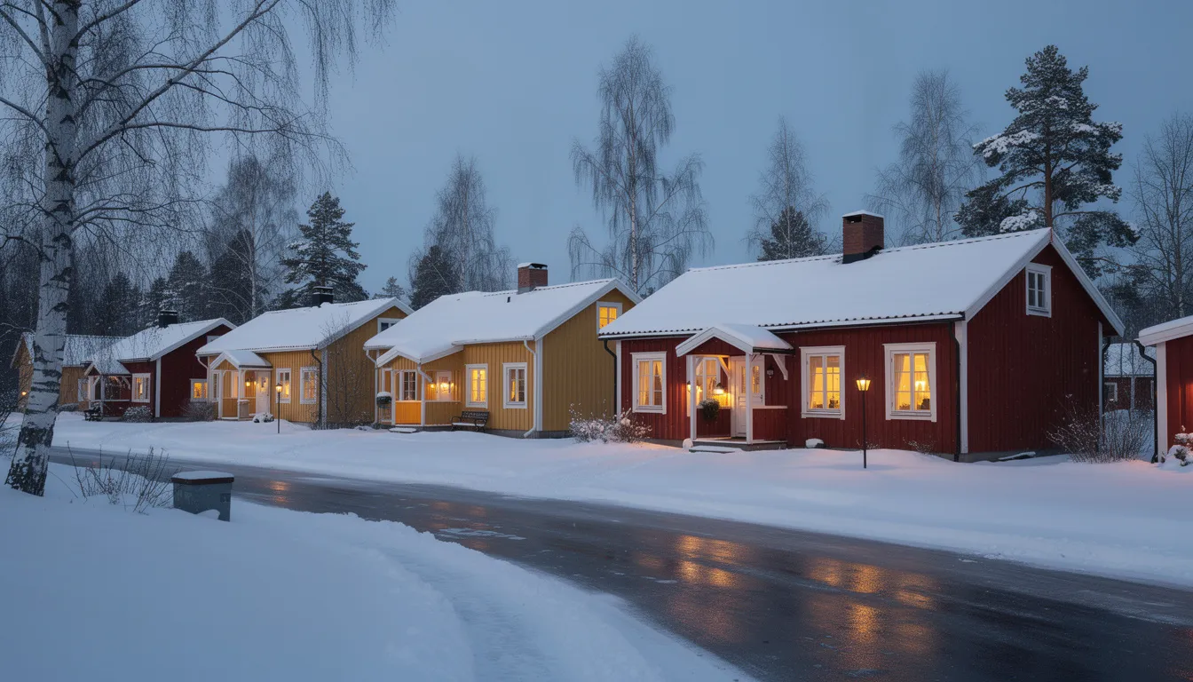 En vinterkväll med svenska hus där varma fönsterlampor lyser i varje fönster, vilket skapar en mysig och inbjudande stämning. Hängande fönsterlampor sprider ett behagligt ljus och ger rummen en hemtrevlig känsla.