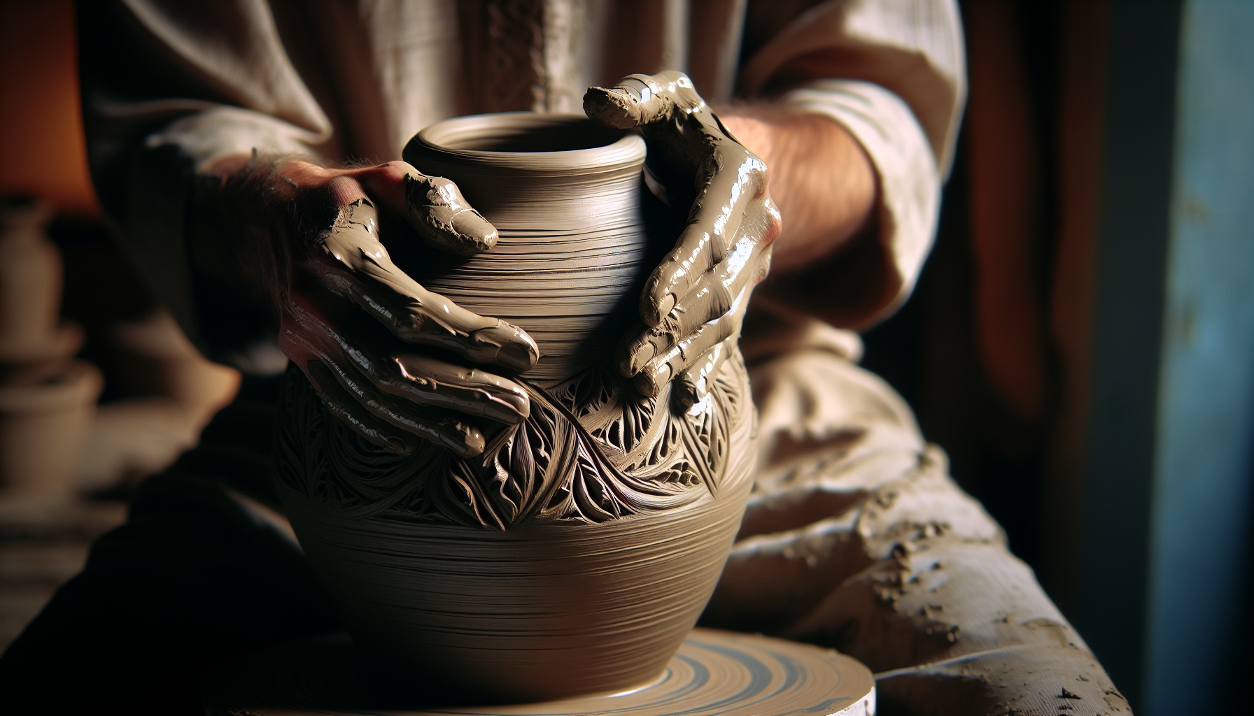 Potter's hands shaping clay