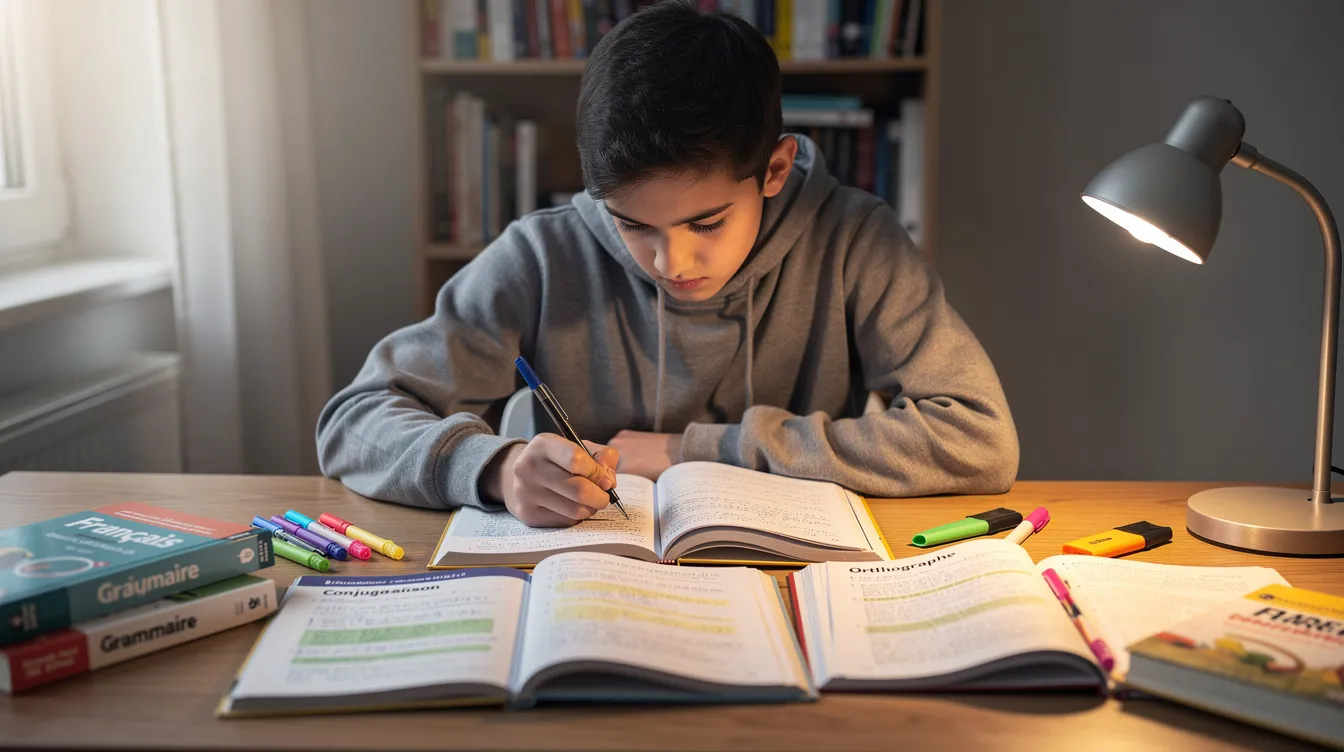 Un adolescent est assis à son bureau, concentré sur ses révisions de français, avec plusieurs cahiers ouverts devant lui. Il prépare ses cours en vue de l'épreuve du diplôme national du brevet, cherchant à obtenir une bonne note pour sécuriser son passage au lycée.
