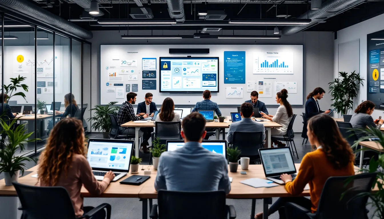 In a modern workplace, teams are actively collaborating on digital privacy and security strategies, focusing on private video hosting platforms to enhance secure video communication and training videos. The environment showcases collaborative tools and discussions about the key features of scalable video hosting solutions and advanced security features for a privacy-first world.