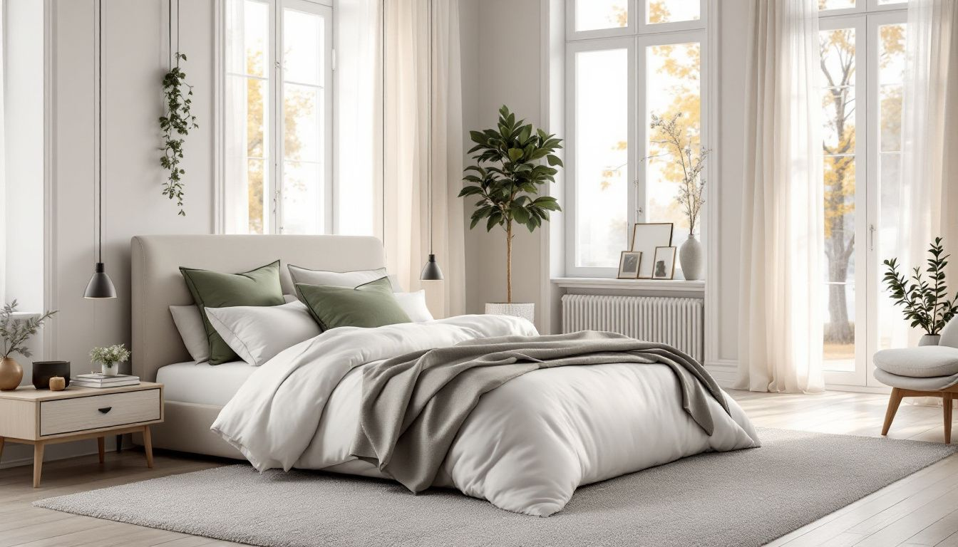 A cozy bedroom with a comfortable bed, emphasizing the importance of bedroom temperature for sleep quality.