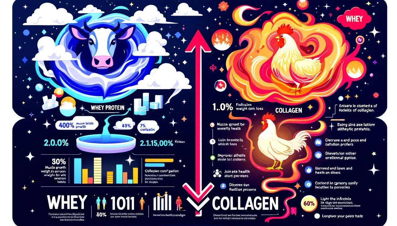 An illustration depicting the health benefits of collagen and whey protein.