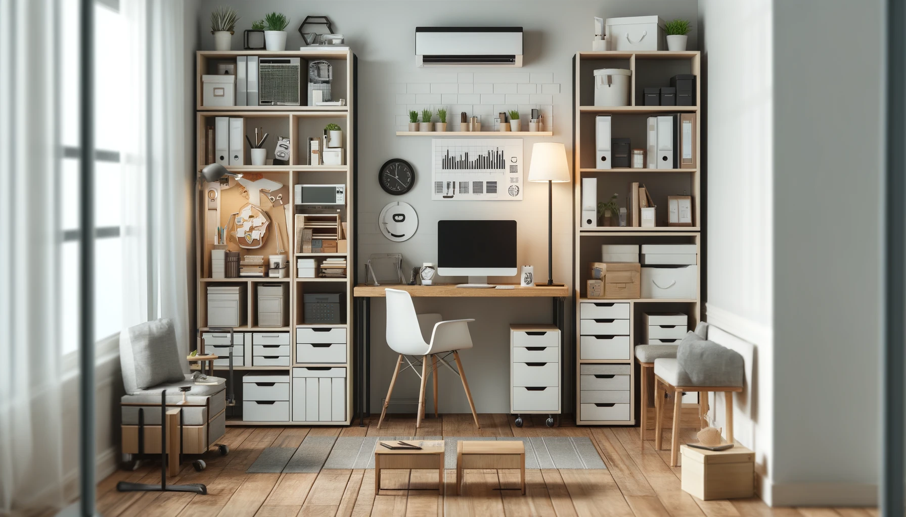 Small office space with a variety of space-saving and multi-functional furniture