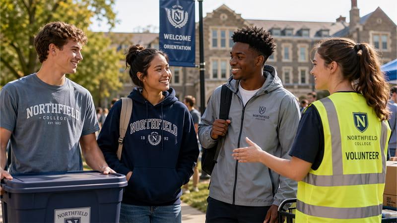 College students wearing custom T-shirts, hoodies, jackets, and safety vests, styled for orientation events and campus activities, with clean, wearable branding.