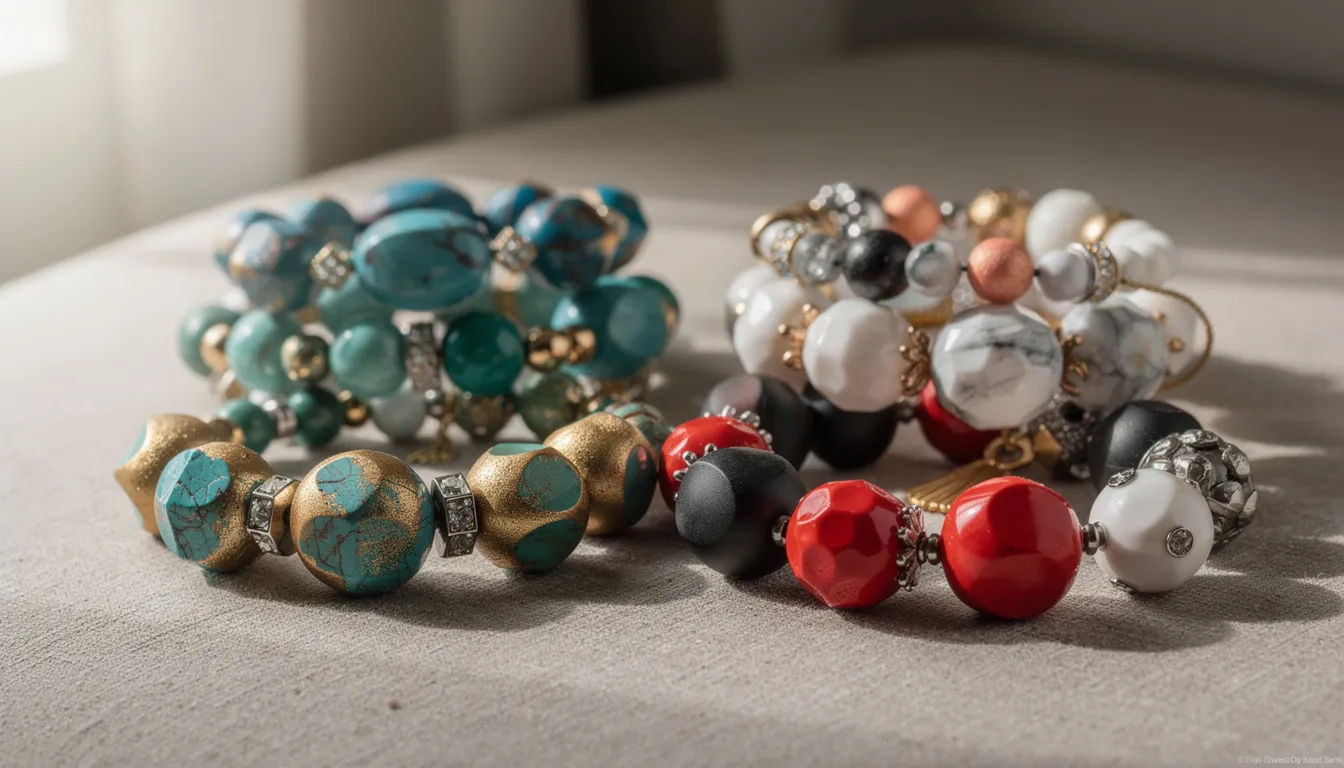 The image showcases a collection of statement beaded bracelets, featuring larger beads in vibrant colors and unique shapes that create a striking visual impact. These stretchy beaded bracelets are designed to stand out as the primary accessory, perfect for adding a bold touch to any outfit.
