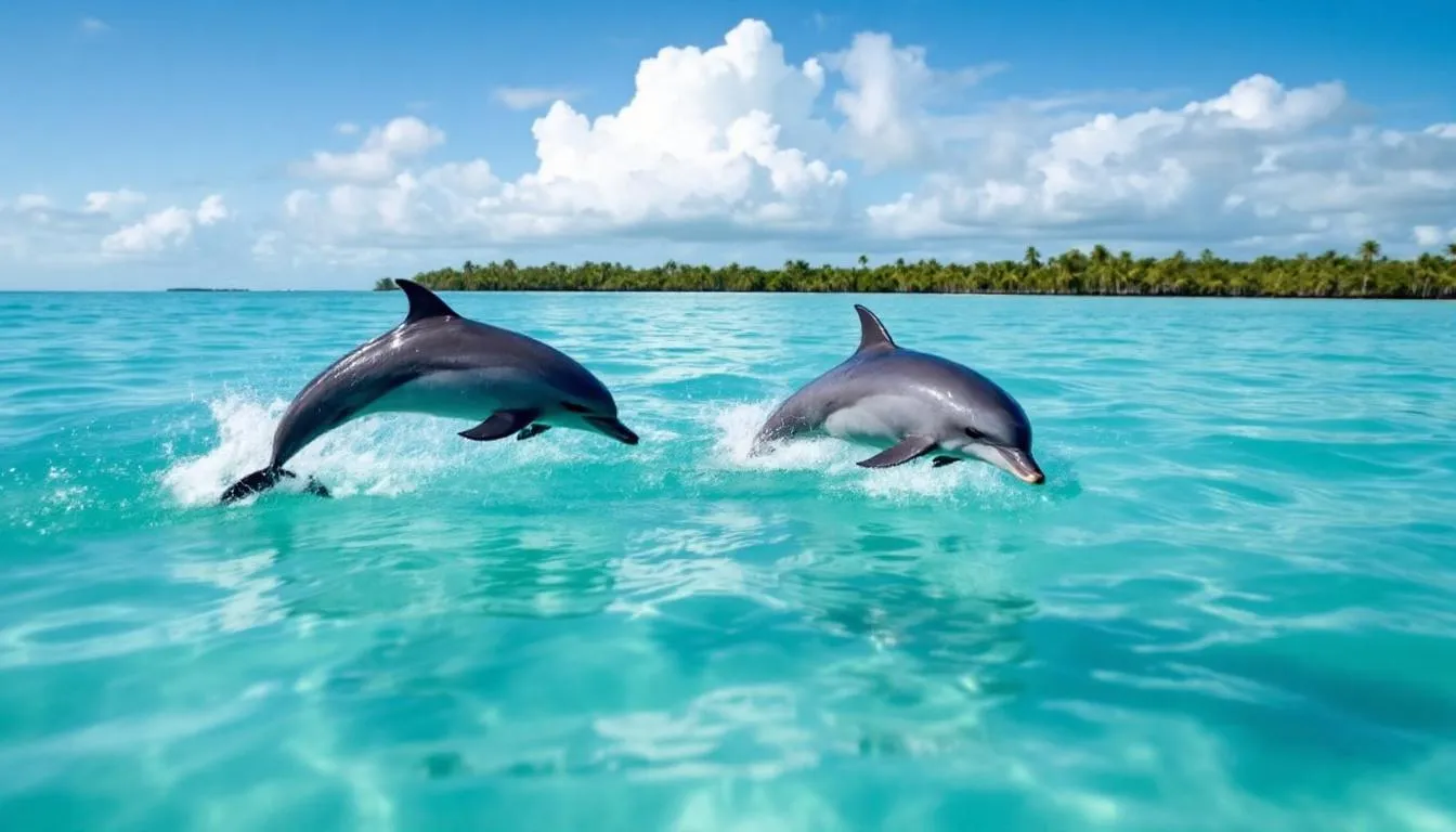 A serene scene of dolphins gracefully swimming in the clear waters near Goodland, Florida, with the picturesque Ten Thousand Islands visible in the background. This image captures the beauty of wildlife and the natural landscape, inviting viewers to explore the relaxing environment of this coastal area.