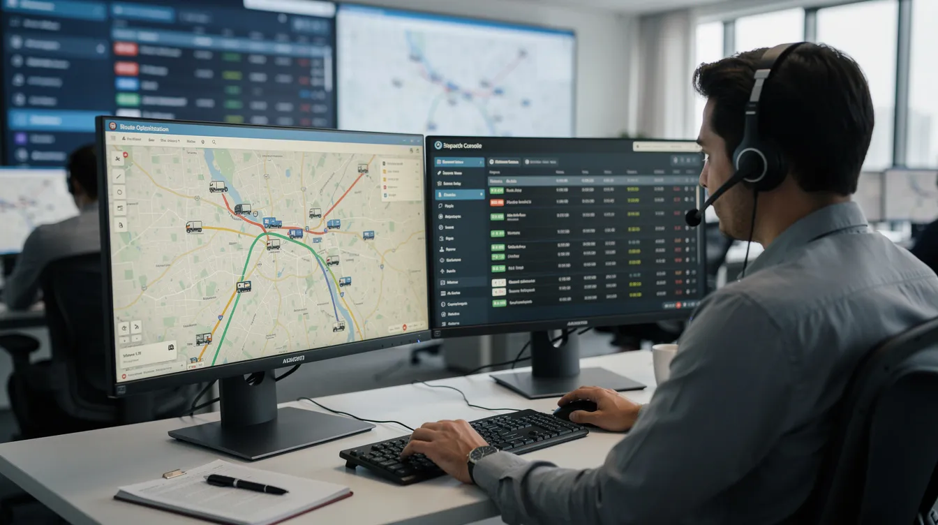 A professional dispatcher is seated at a computer terminal, efficiently coordinating vehicle shipments for car transport companies. The scene highlights the organized environment of the auto transport industry, showcasing the importance of precise communication in managing car shipping services.
