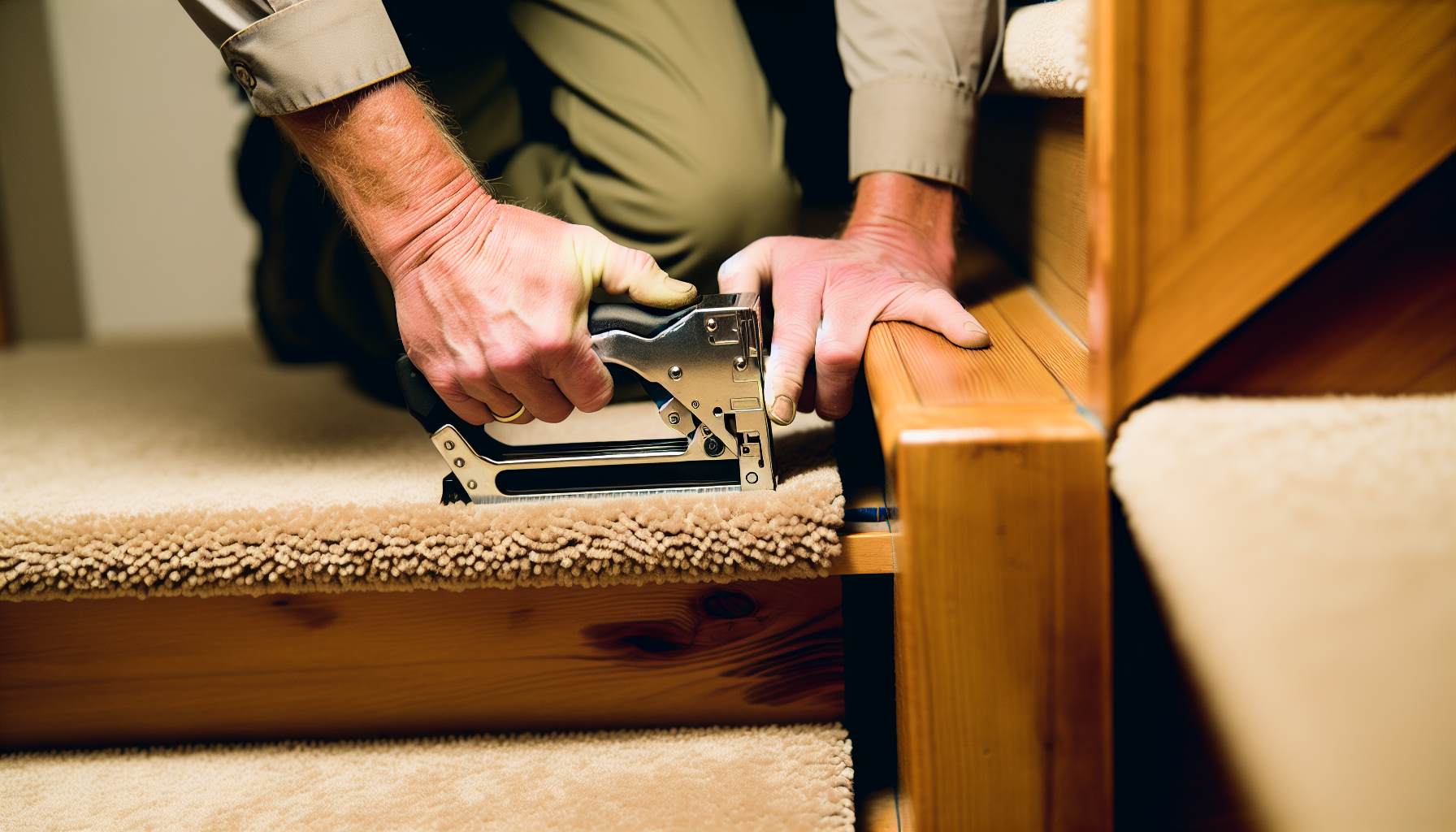 A close-up of a staple gun securing carpet treads on stairs