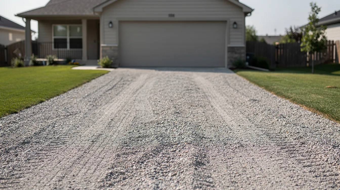The image depicts a residential gravel driveway that highlights practical rock sizing, with small to mid-size crushed stone used to support driveway stability, drainage, and a smoother driving surface as it leads to a home garage.