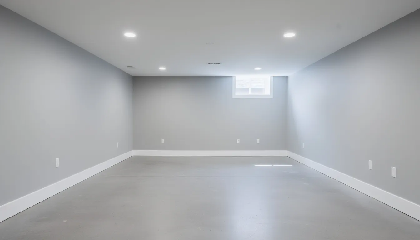 The image depicts a clean and organized basement space with clear floors and proper lighting, ready for new use. This tidy environment showcases the results of professional basement cleanout services, eliminating unwanted items and clutter for a hassle-free experience.