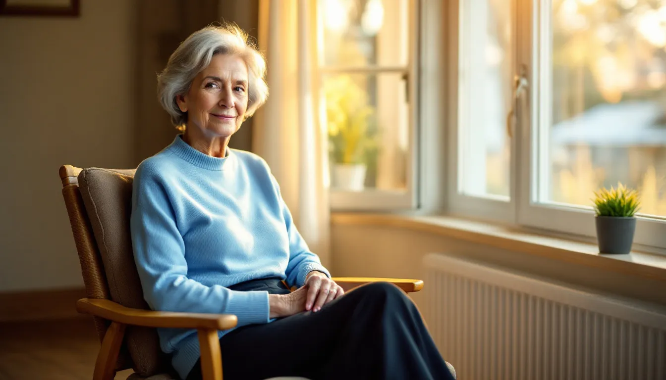 A mature woman sits peacefully by a window, bathed in soft morning light, reflecting tranquility and calmness. This serene moment may resonate with those experiencing menopausal symptoms, such as hot flashes or night sweats, who often seek the benefits of herbal medicines like black cohosh tincture for support during this phase of women's health.