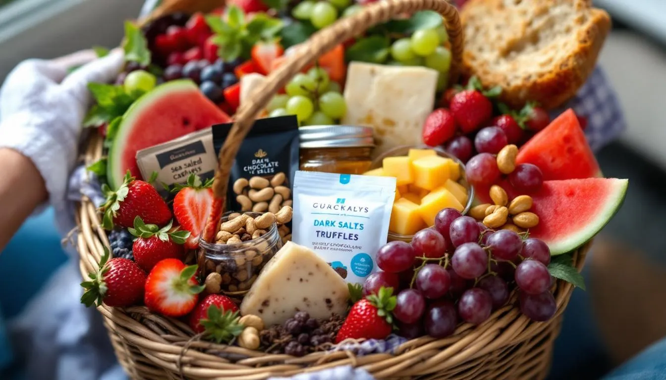 A beautifully arranged wicker basket filled with fresh fruits, gourmet snacks, and artisanal treats, perfect as a thoughtful get well gift basket to brighten someone's day and support their speedy recovery. This delightful assortment is ideal for sending comfort to a loved one during difficult times.