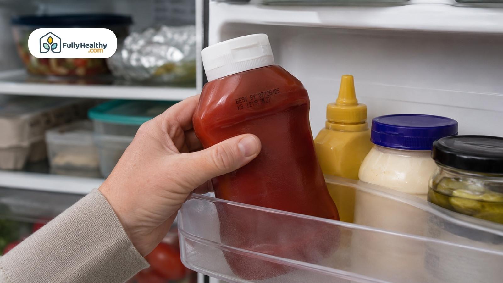 Person checking ketchup expiration date on bottle stored in refrigerator door