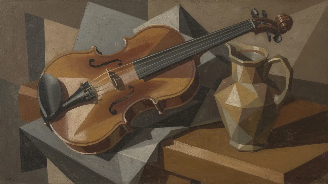 Das Bild zeigt ein fragmentiertes Stillleben, das eine Violine und einen Krug darstellt, aufgelöst in überlappende geometrische Flächen. Die dominierenden Farben sind Braun-, Grau- und Ockertöne, die an die kubistische Malerei von Künstlern wie Pablo Picasso und Georges Braque erinnern.