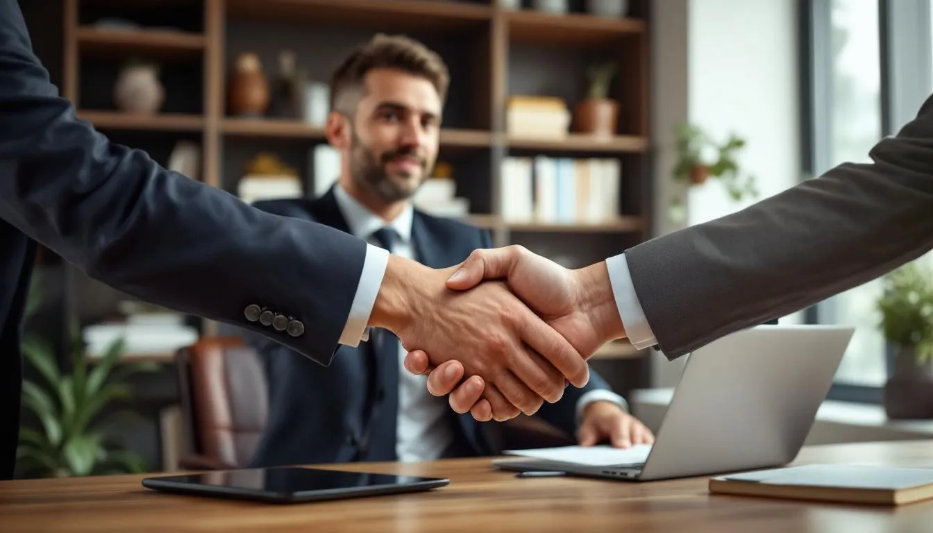 The image depicts a handshake between an advisor and a client, symbolizing trust and the importance of a fiduciary relationship in business. This gesture represents a mutual understanding and commitment to protecting each other's interests for a successful future.