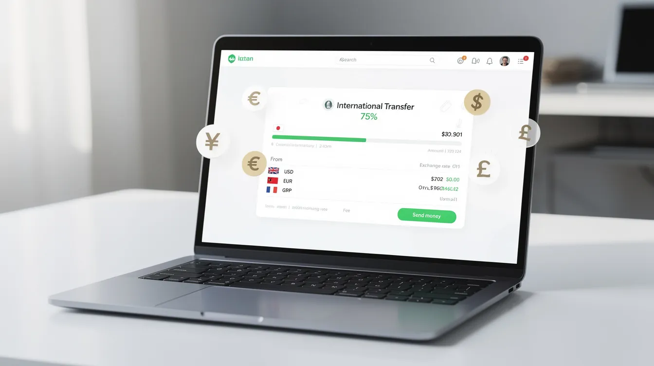 The image depicts a laptop screen displaying an international money transfer in progress, featuring various currency symbols and bank account details. It illustrates the process of sending money across borders, highlighting the importance of information such as the international bank account number (IBAN) and sort code.