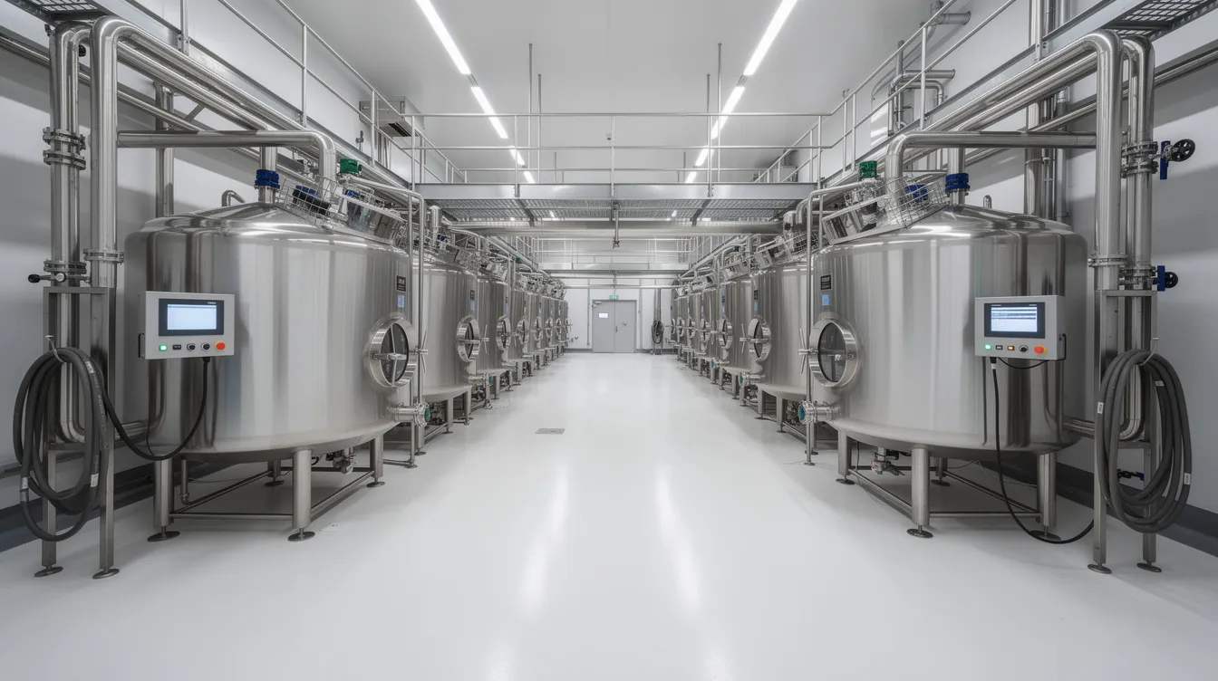 1c2c0a07 bce3 45f9 949d cc31eb00b23b The image depicts the interior of a modern dairy processing plant, featuring large stainless steel tanks and an intricate network of pipes, essential for efficient milk processing. This facility highlights the advanced technology and clean milk production methods used in the dairy farming industry.
