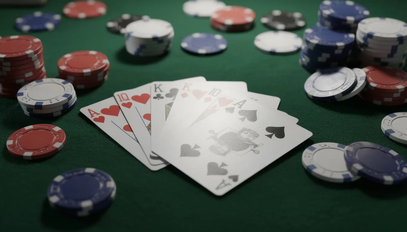 En bild av ett grönt casinobord med pokerkort och spelmarker spritt över ytan. Bordet ger en känsla av spänning och spelglädje, typiskt för en hajper casino-upplevelse.