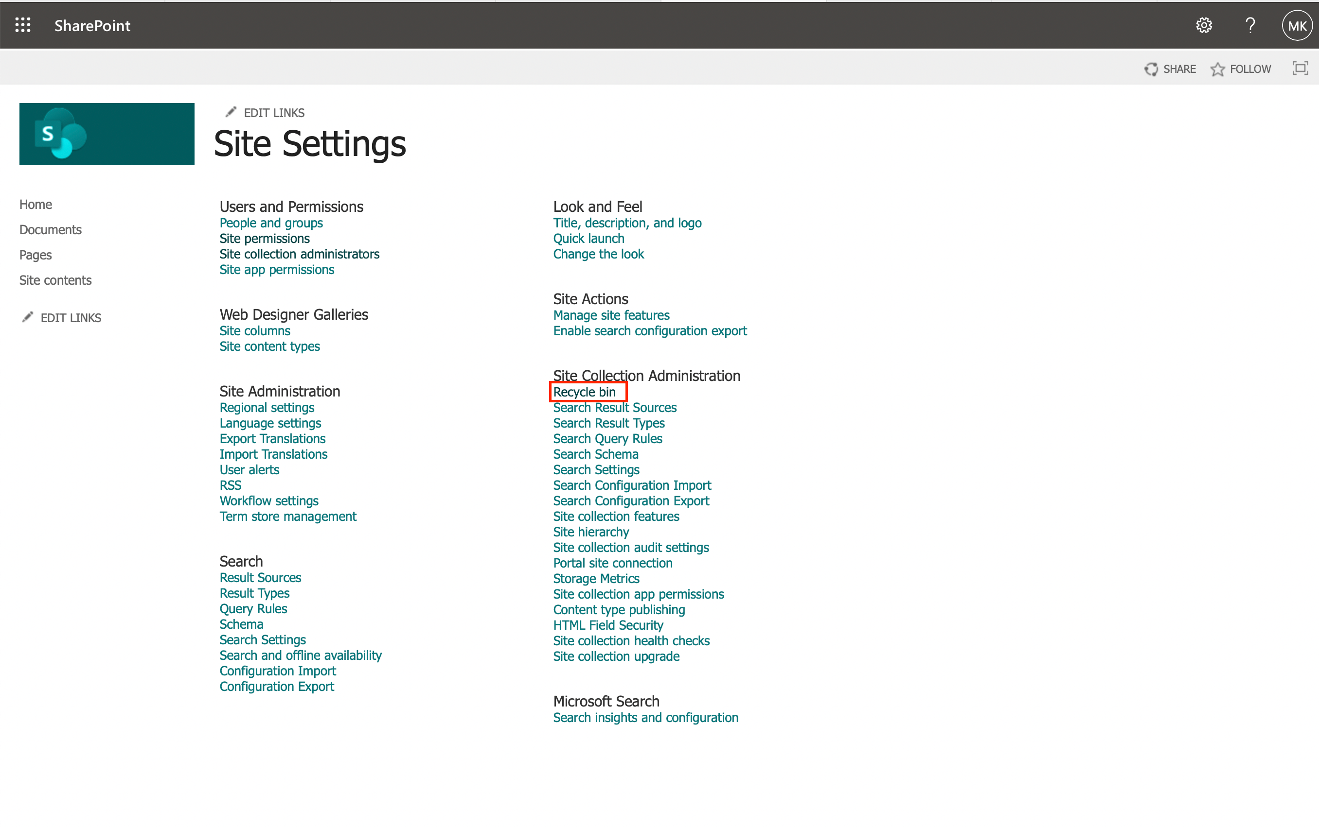 Site collection recycle bin in SharePoint