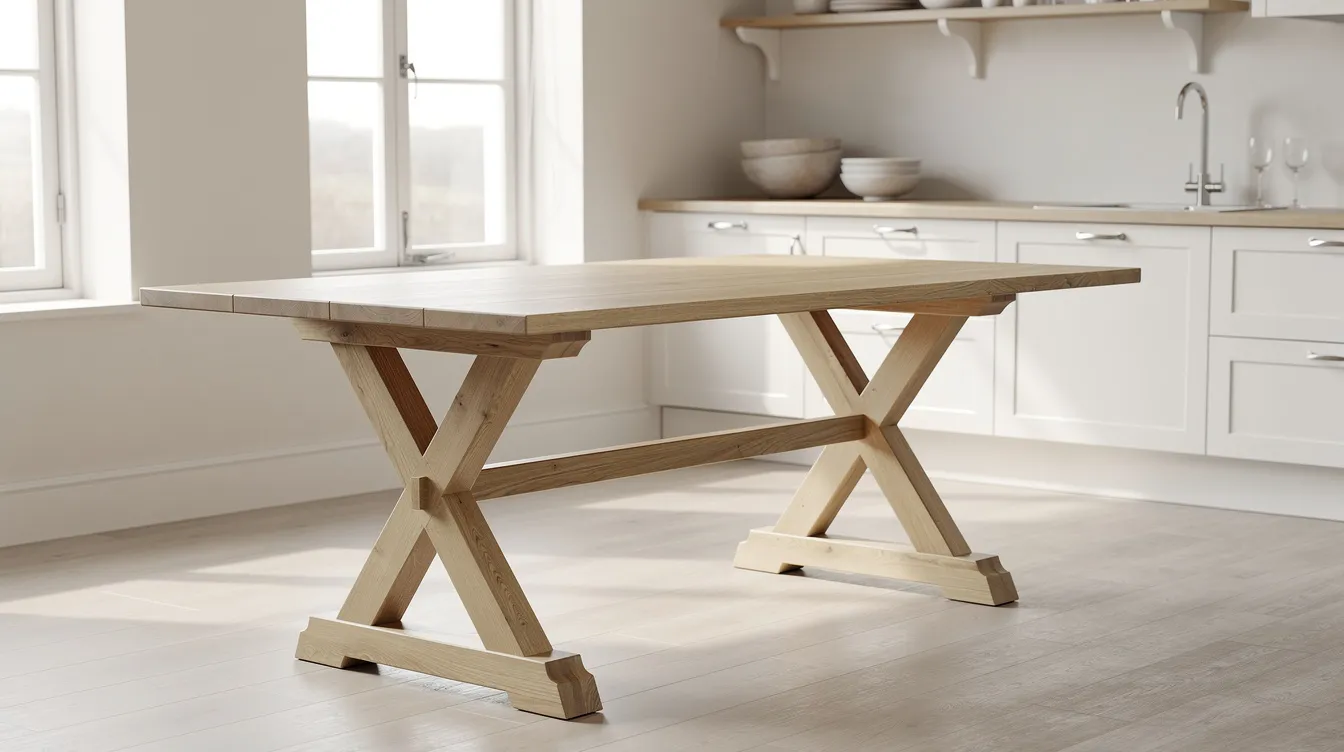 Ett rektangulärt matbord i massiv ek med klassiska kryssben står i ett ljust kök. Bordet är robust och ger en varm känsla, perfekt för att samlas kring måltider.