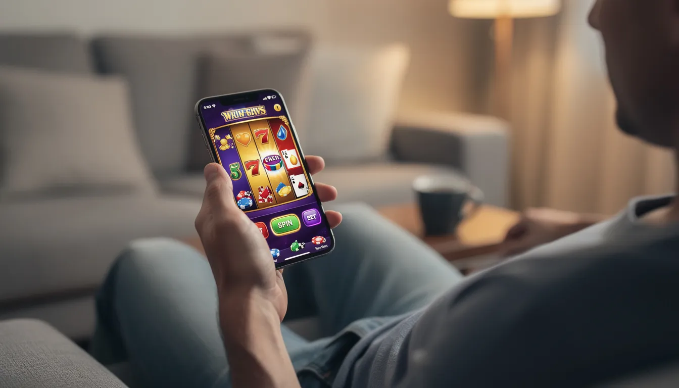 En person sitter avslappnat och håller en smartphone som visar en live casino spel på skärmen. I bakgrunden finns en hemtrevlig miljö, vilket ger en känsla av att spela live casino online i en bekväm atmosfär.