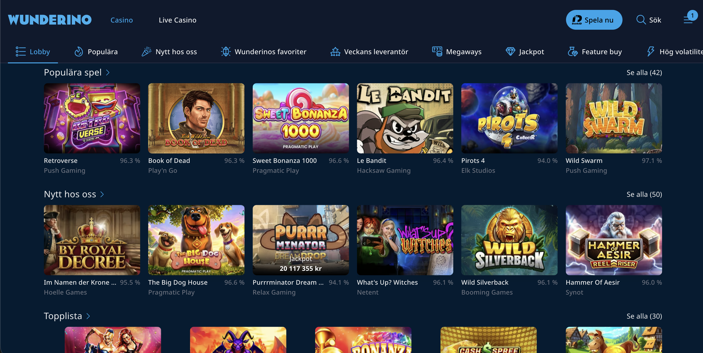 Populära slots hos Wunderino Casino med spel från Pragmatic Play, Play'n GO och andra välkända spelleverantörer.