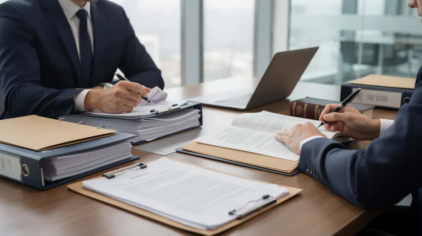 A professional personal injury attorney is seated at a conference table, meticulously reviewing legal documents and files related to serious injury cases, such as slip and fall incidents and car accidents. The setting reflects a focused legal environment, emphasizing the importance of experienced legal representation for injury victims seeking fair compensation.