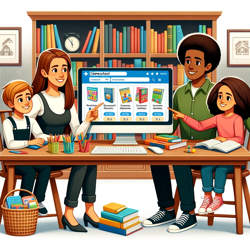 A family of homeschoolers looking at homeschool resources and supplies on sale