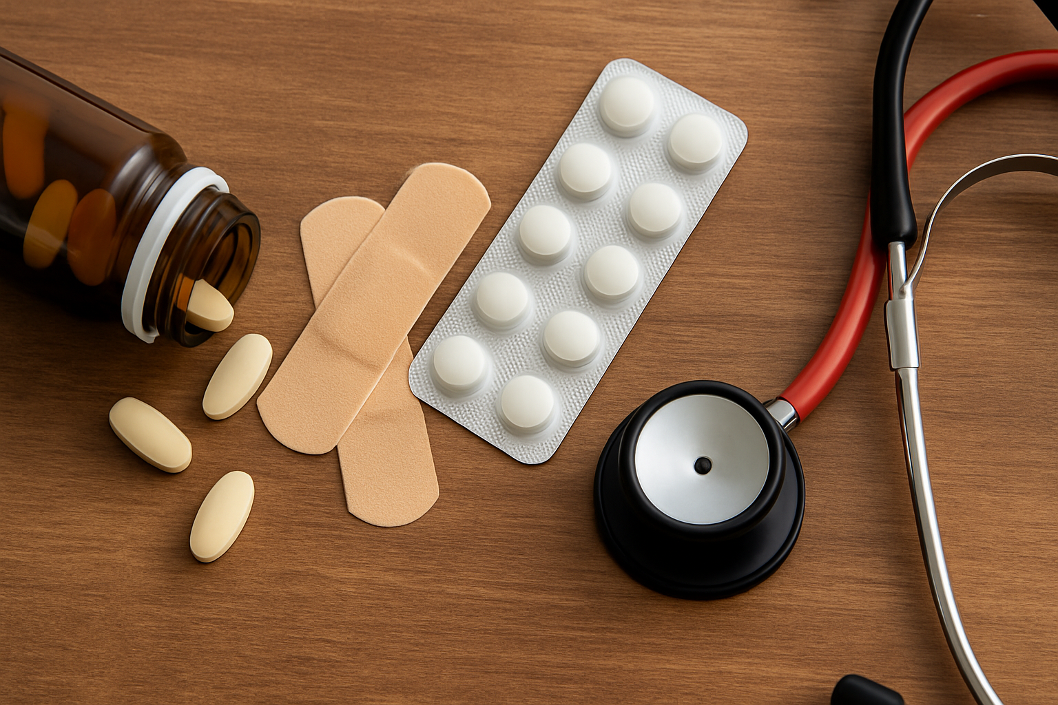 Smertestillende, plaster og stetoskop; symbol på multimodal behandling av nervesmerter.