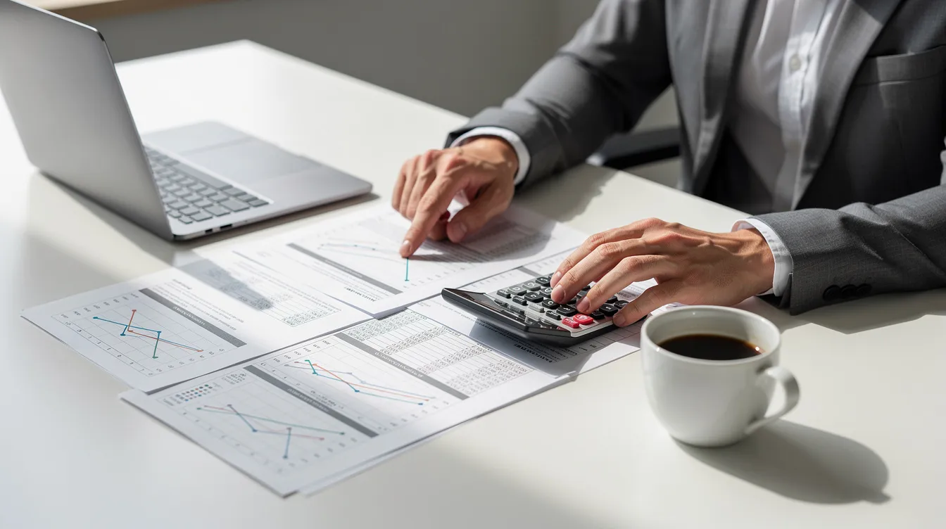 A person is sitting at a clean desk, reviewing financial documents while using a calculator and enjoying a cup of coffee. The scene suggests a focus on financial planning, possibly related to personal loans or evaluating interest rates for repayments.