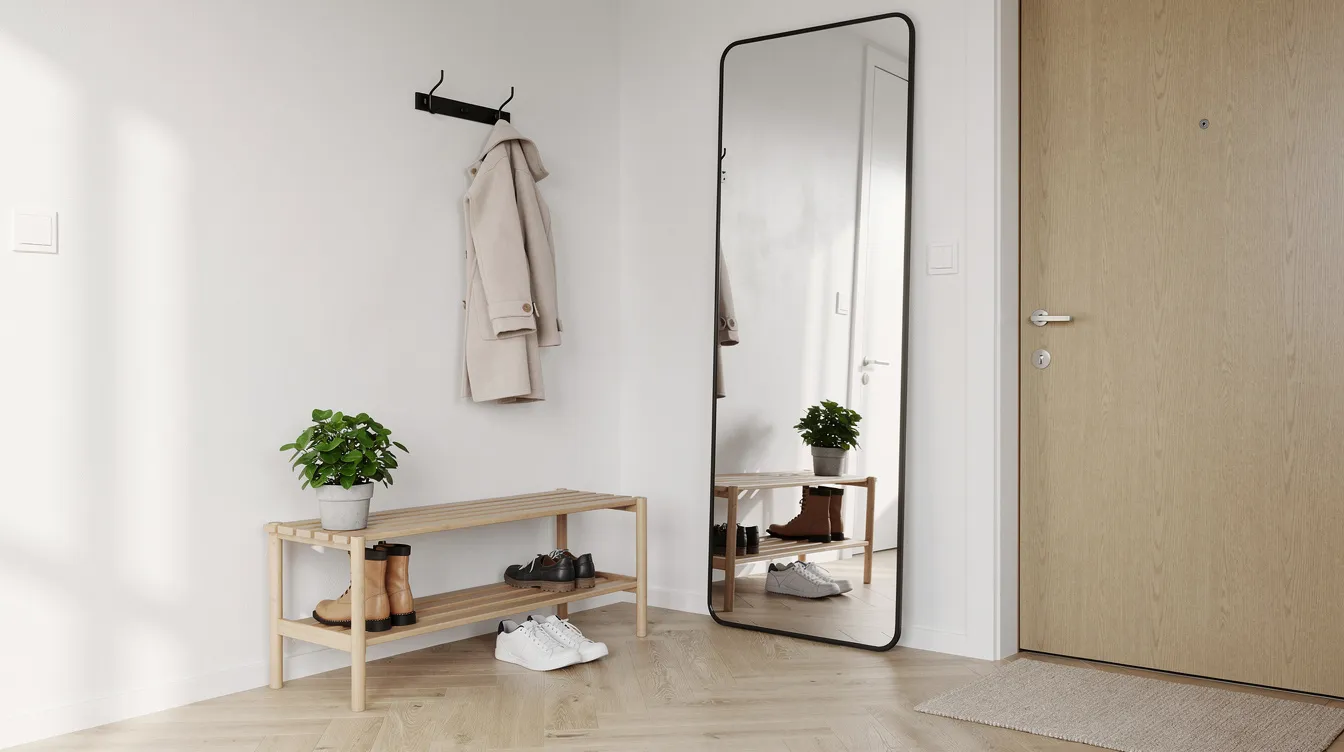 En modern skandinavisk hall med en stor helkroppsspegel i rektangulär form, placerad bredvid ytterdörren, samt ett skoställ. Spegeln reflekterar ljuset och skapar en öppen känsla i rummet, vilket gör det till en praktisk och stilren inredningsdetalj i hemmet.