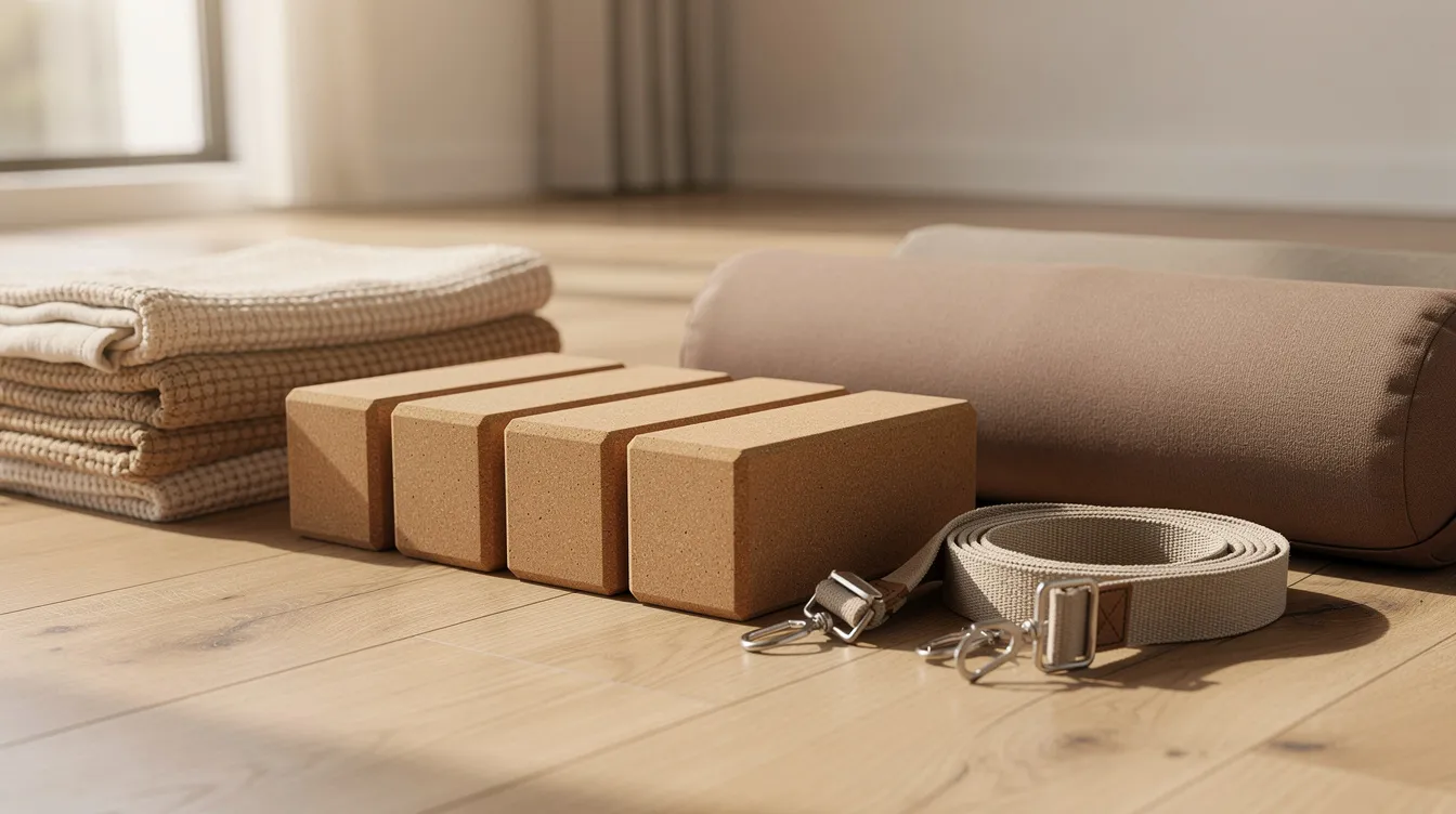 The image shows various yoga props including blocks, straps, bolsters, and blankets neatly arranged on the floor of a yoga studio, creating an inviting space for yoga practice. These props are essential for beginners to support their body while learning different yoga poses and enhancing their experience in yoga classes.