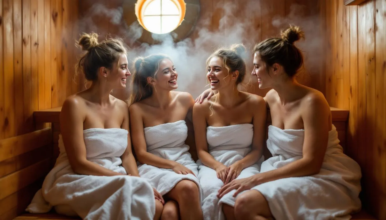 A group of friends enjoying a sauna session together, highlighting the role of saunas in relationship building.