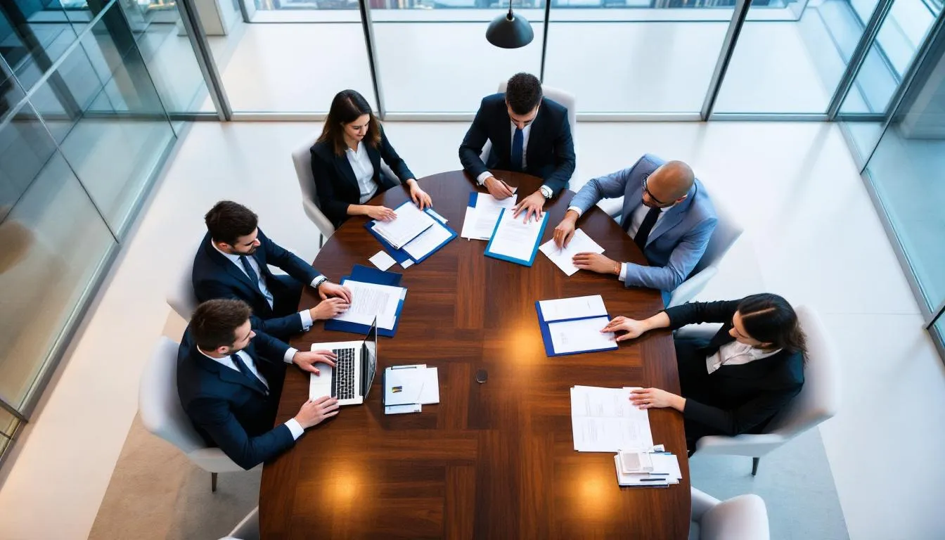Term Sheet of Intentieverklaring: De Juridische Verschillen Uitgelegd 1 Een groep zakelijke mensen bespreekt documenten aan een conferentietafel, waarbij belangrijke onderwerpen zoals de intentieverklaring en bindende bepalingen van een beoogde transactie worden doorgenomen. Op tafel liggen verschillende papieren, waaronder een term sheet en een letter of intent, die essentieel zijn voor de verdere onderhandelingen.