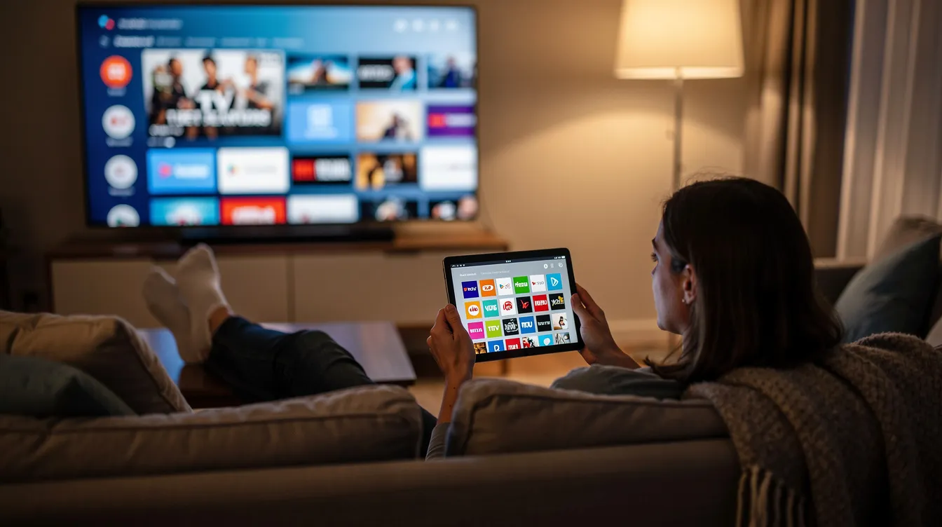 A person is comfortably lounging on a couch, browsing live TV channels on a tablet, with a large television displaying content in the background. This scene highlights the convenience of IPTV services, allowing users to enjoy a variety of channels and on-demand content from the comfort of their home.