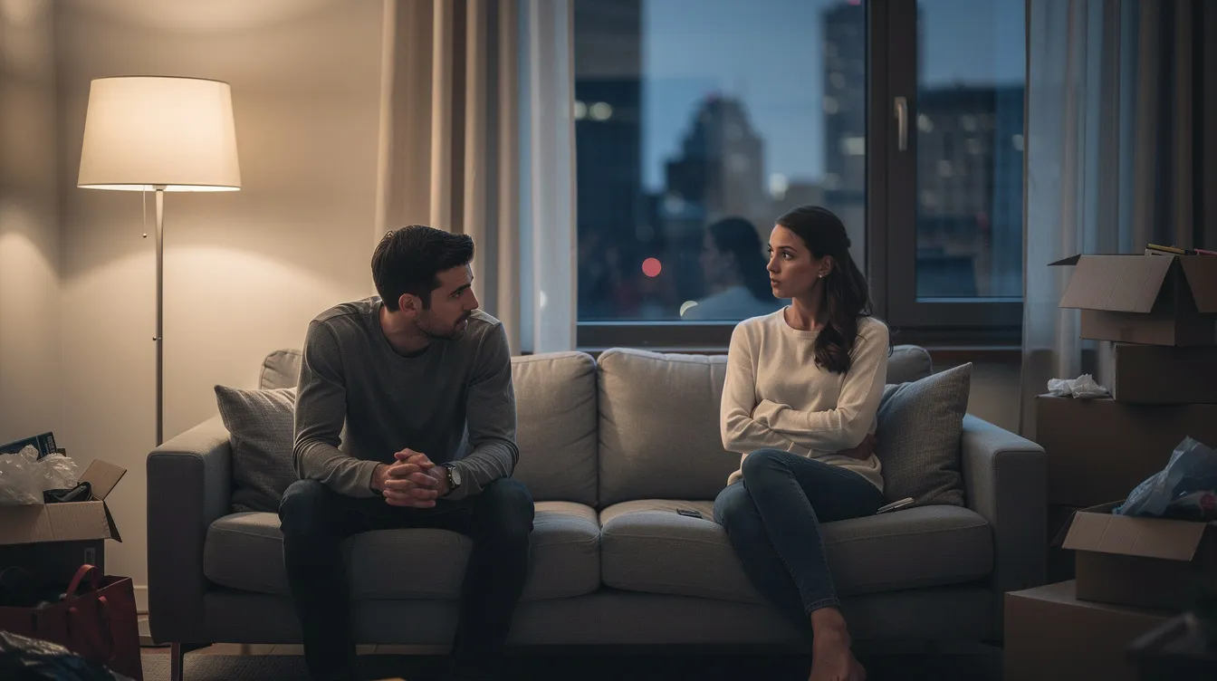 The image depicts a couple sitting together in a cozy setting, appearing engaged in an honest conversation about their commitment issues in relationships. Their expressions reflect a mix of vulnerability and determination as they navigate their emotional connection and discuss their future plans, highlighting the challenges of overcoming commitment fears and finding the right person for a stable relationship.