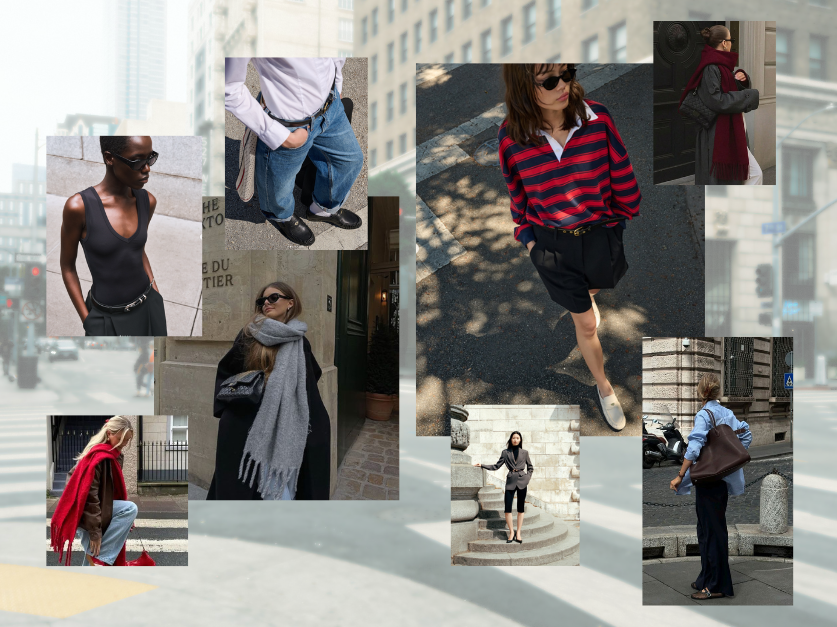 Collage of fall work capsule wardrobe accessories including cashmere scarf, leather belt, and work tote