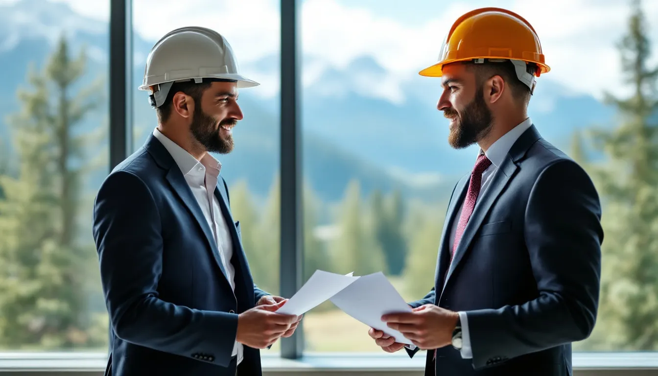 In the image, an experienced workers compensation attorney is assisting a client, who is wearing a hard hat, in navigating complex Colorado laws against a scenic backdrop. This scene highlights the importance of legal assistance for injured workers seeking to understand their workers compensation claims and benefits.