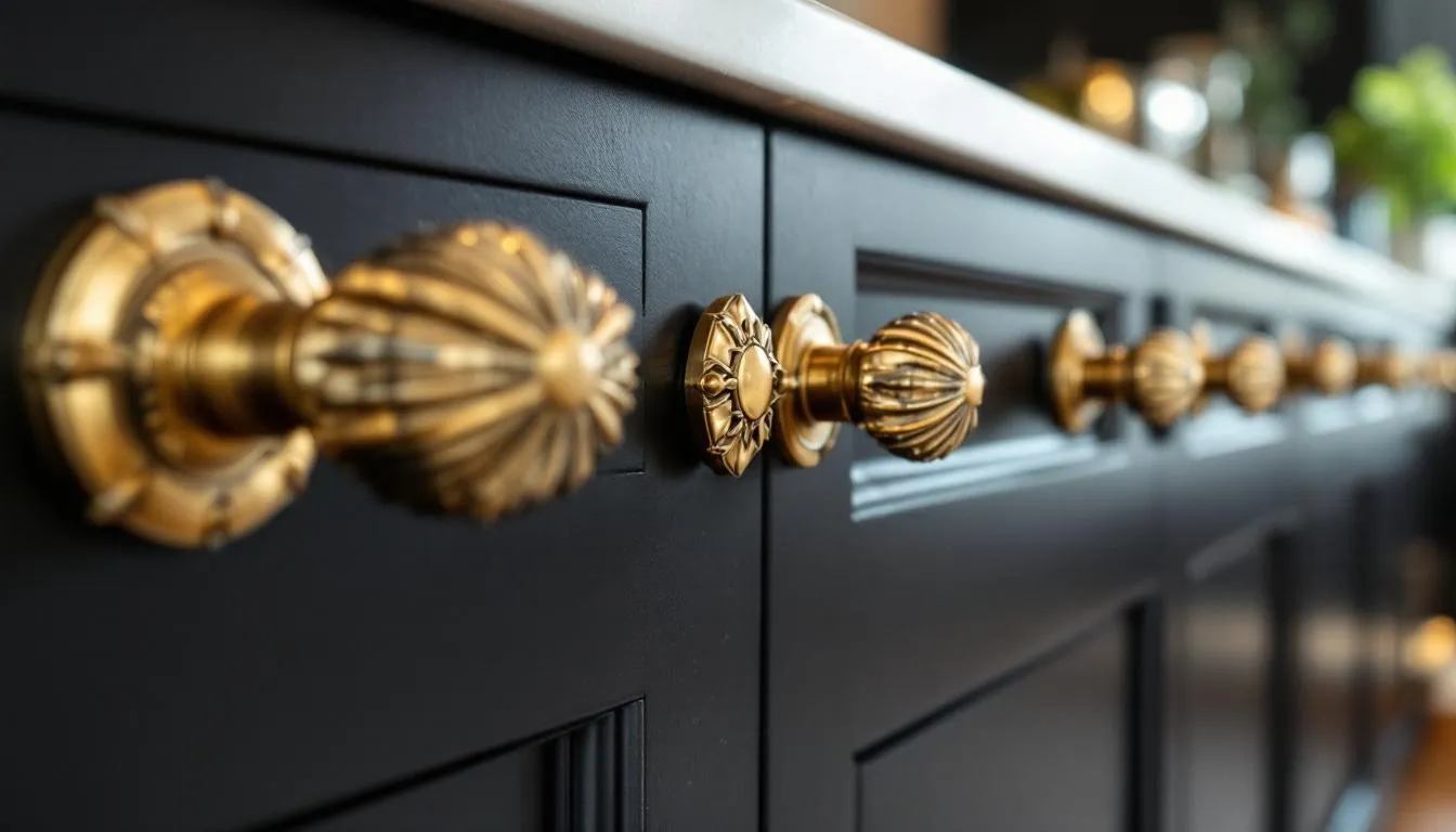 A close-up image showcasing elegant brass cabinet hardware mounted on sleek Tricorn Black kitchen cabinets, which exude sophistication and modern style. The natural light highlights the rich contrast between the warm brass tones and the deep, true black paint color of the cabinets, enhancing their bold aesthetic.