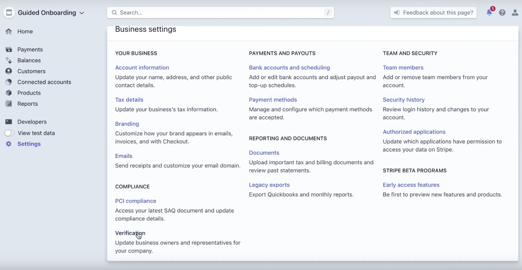 A screenshot of the Settings screen in Stripe.